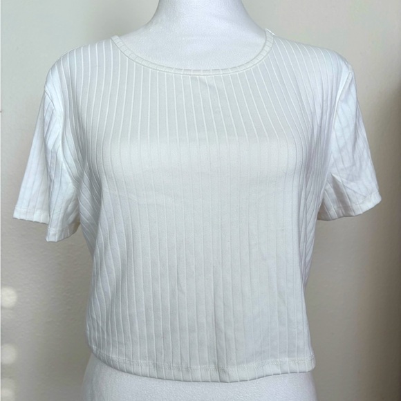 No Boundaries NOBO White Ribbed Crop Top Short Sleeve White Top Shirt Tee 2X - Picture 1 of 3